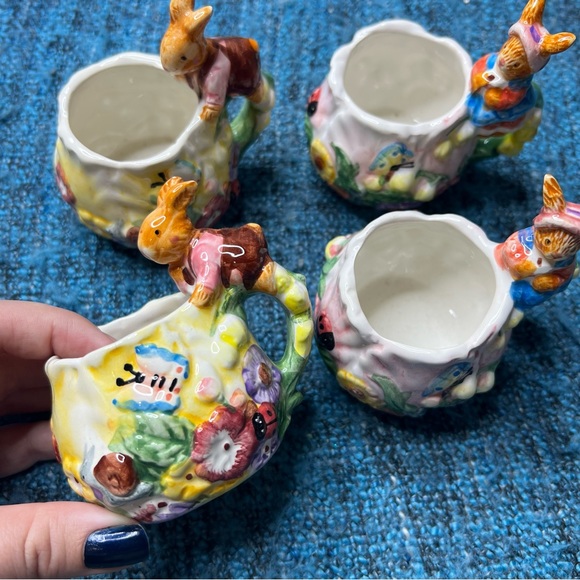 Vintage Merc Asia 1999 Garden Party Ceramic Tea Cups Bunny Rabbit Floral - Picture 2 of 9